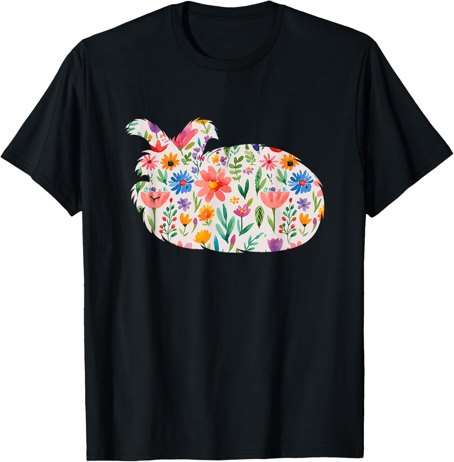 English Angora Bunny Rabbit watercolor flowers design T-Shirt - T-Shirt | Black