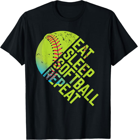 Eat Sleep Softball Repeat Funny Bat & Ball Player Sports Gag T-Shirt - T-Shirt | Black