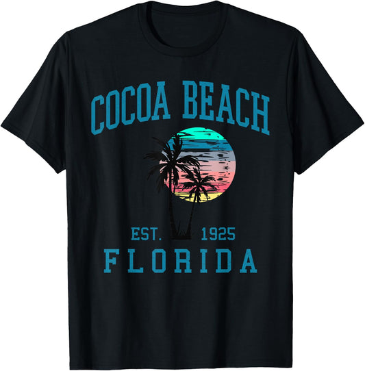 Cocoa Beach Florida Beach Retro Sunset Palm Trees Summer T-Shirt - T-Shirt | Black