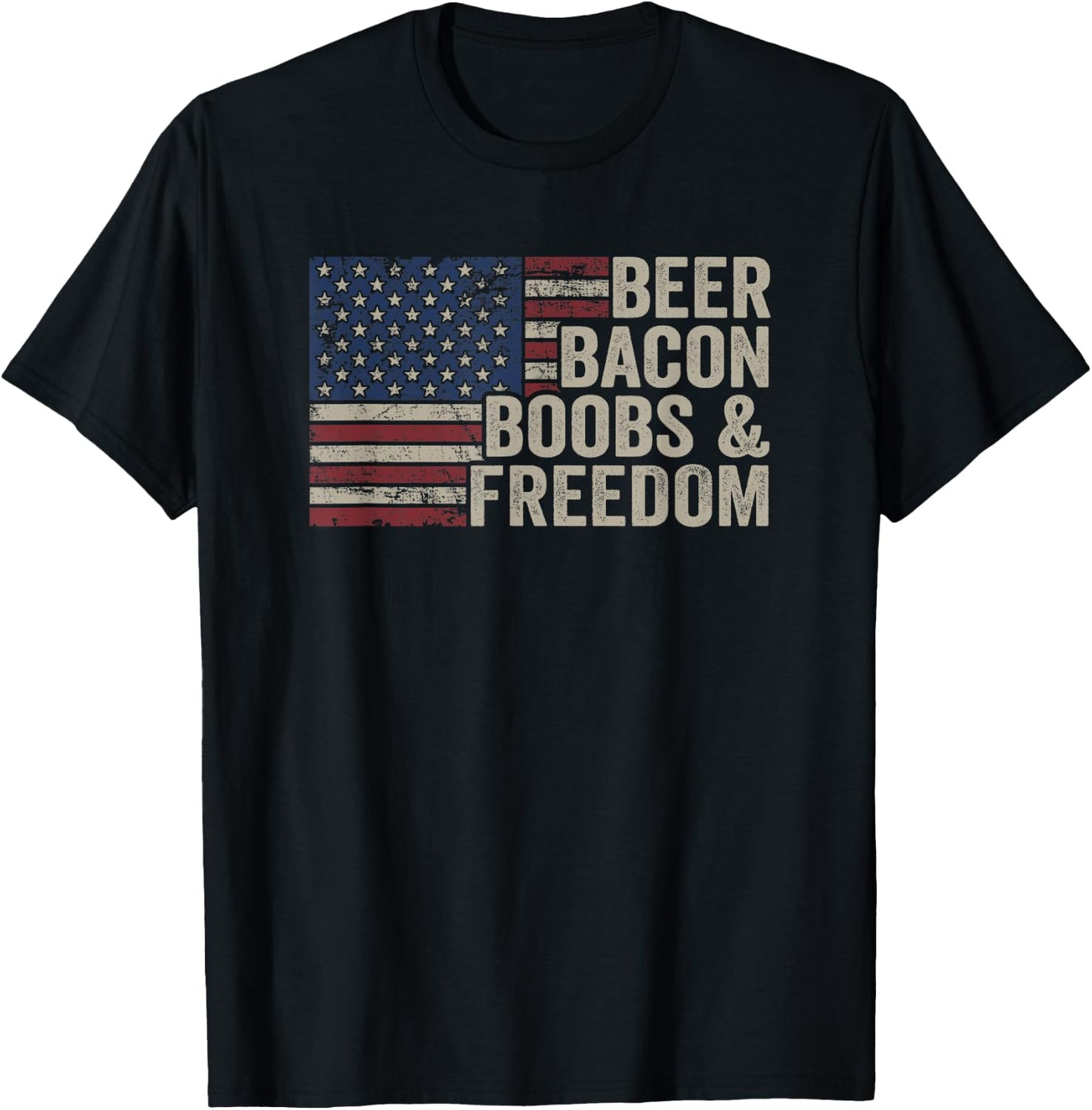 BEER BACON BOOBS & FREEDOM - Vintage USA Flag BBQ Drinking Men T-Shirt - T-Shirt | Black