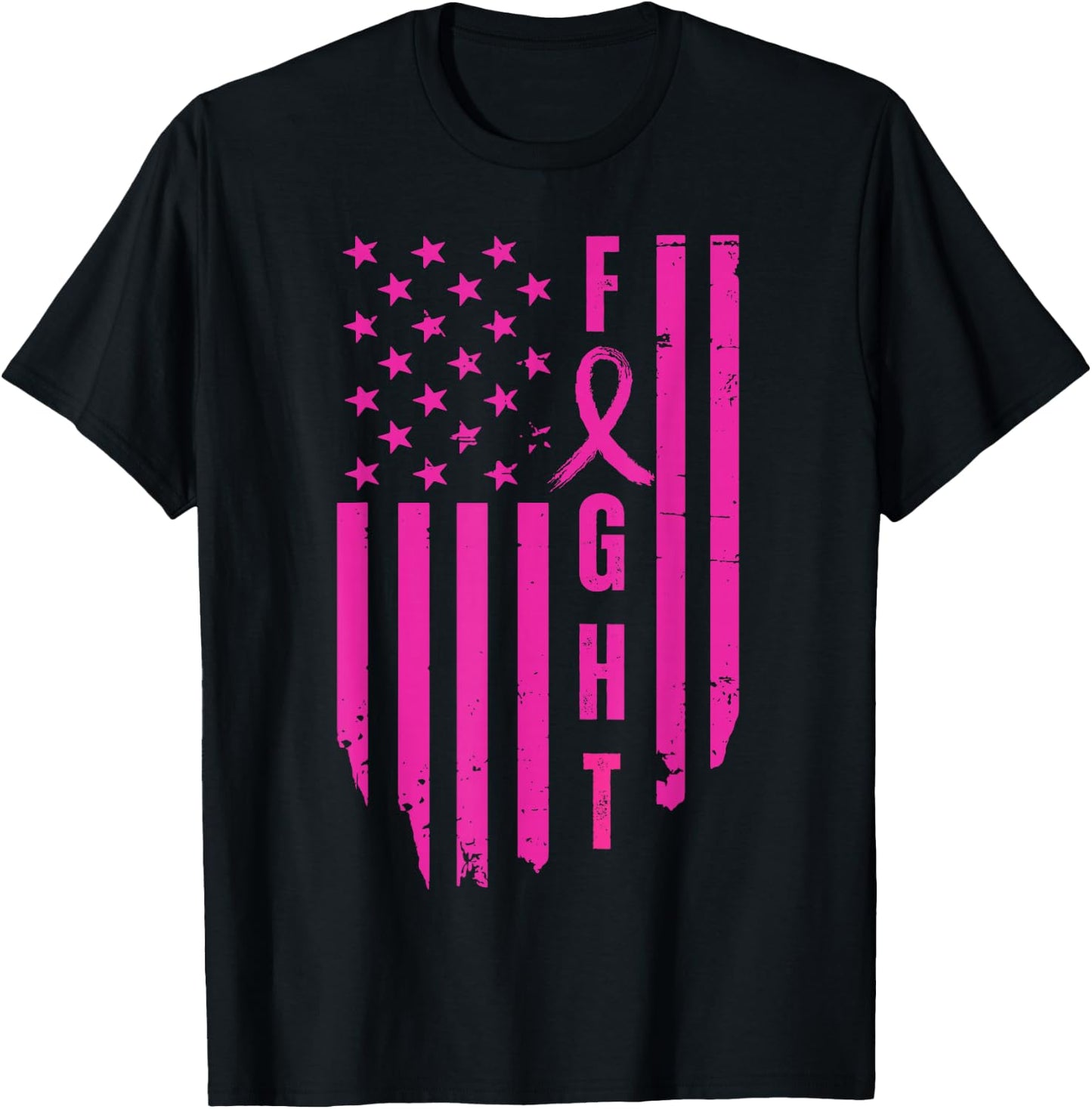 Fight Breast Survivor American Flag Breast Cancer Awareness T-Shirt - T-Shirt | Black