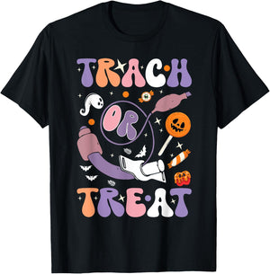 trach or treat nurse respiratory Therapist ICU RN Halloween T-Shirt - T-Shirt | Black