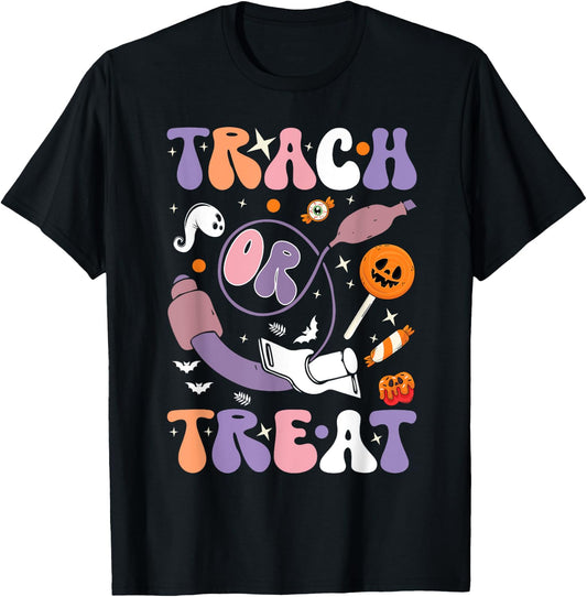 trach or treat nurse respiratory Therapist ICU RN Halloween T-Shirt - T-Shirt | Black
