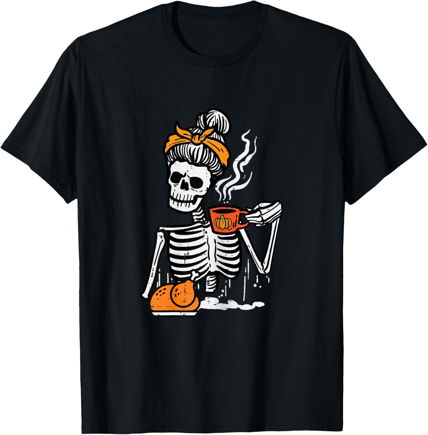 Thanksgiving Skeleton Messy Bun Pumpkin Coffee Women Girls T-Shirt - T-Shirt | Black