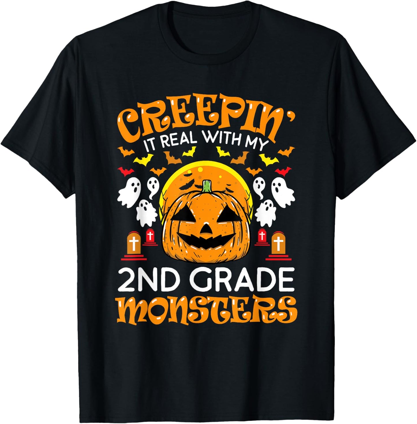 Creepin It Real with My 2nd Grade Monsters Halloween Teacher T-Shirt - T-Shirt | Black