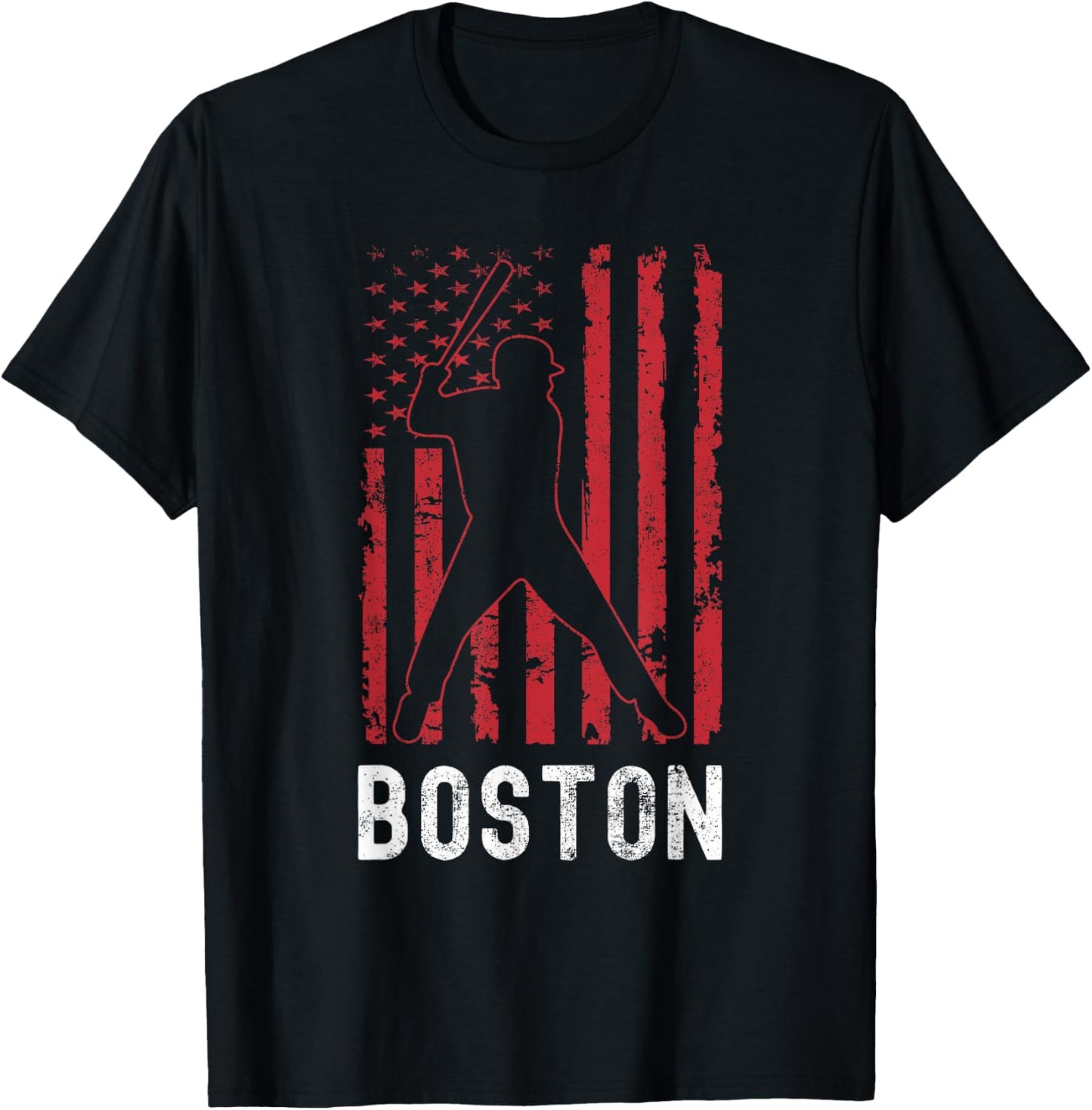 Boston Massachusetts American Flag Baseball Weathered T-Shirt - T-Shirt | Black