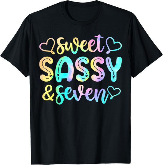 7th Birthday Girl Sweet Sassy And Seven 7 Years Old Girls T-Shirt - T-Shirt | Black
