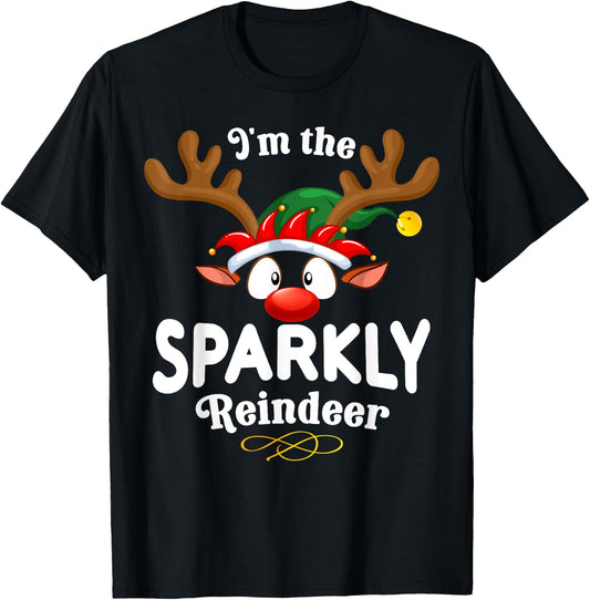 Christmas PJS Sparkly XMas Reindeer Matching T-Shirt - T-Shirt | Black