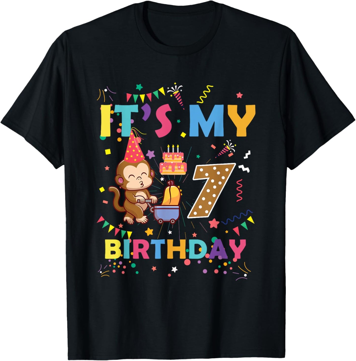 It's My 7th Birthday Monkey 7 Year Old Boys Girls Kids T-Shirt - T-Shirt | Black