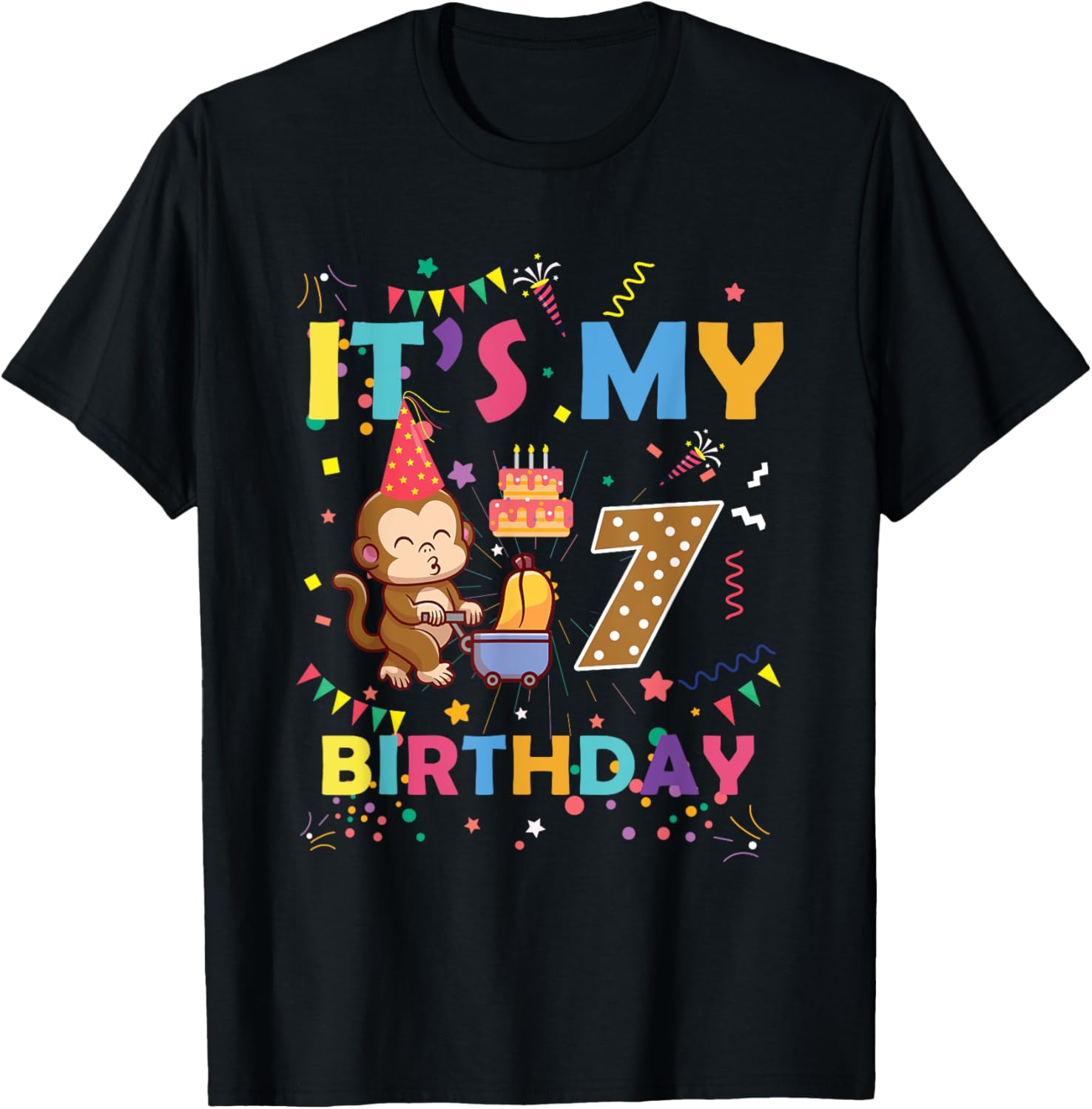 It's My 7th Birthday Monkey 7 Year Old Boys Girls Kids T-Shirt - T-Shirt | Black