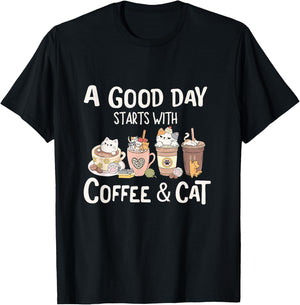Coffee and Cat , A Good Day Starts With Coffee And Cat T-Shirt - T-Shirt | Black
