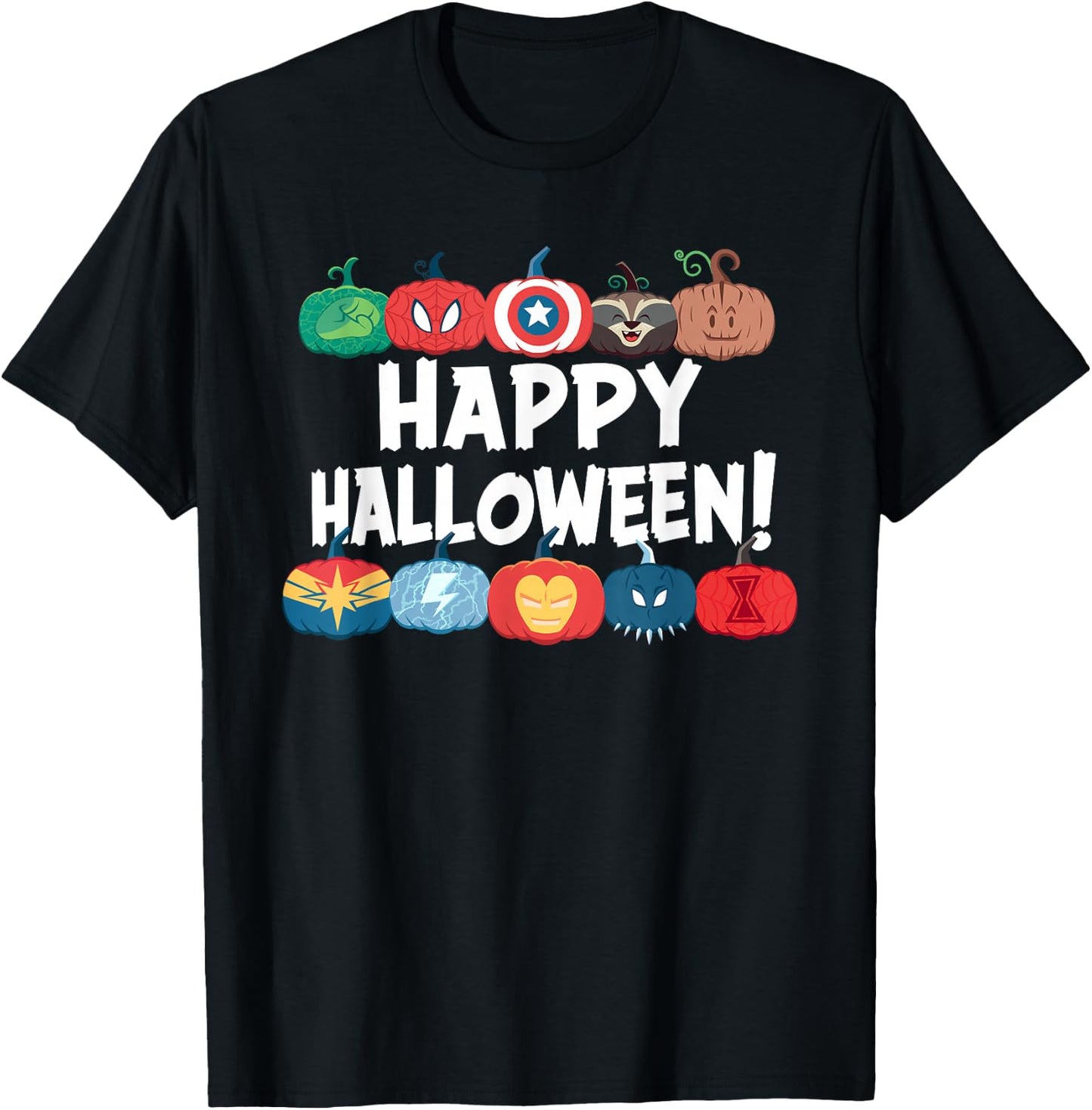 Marvel Super Heroes Decorated Pumpkins Happy Halloween! T-Shirt - T-Shirt | Black