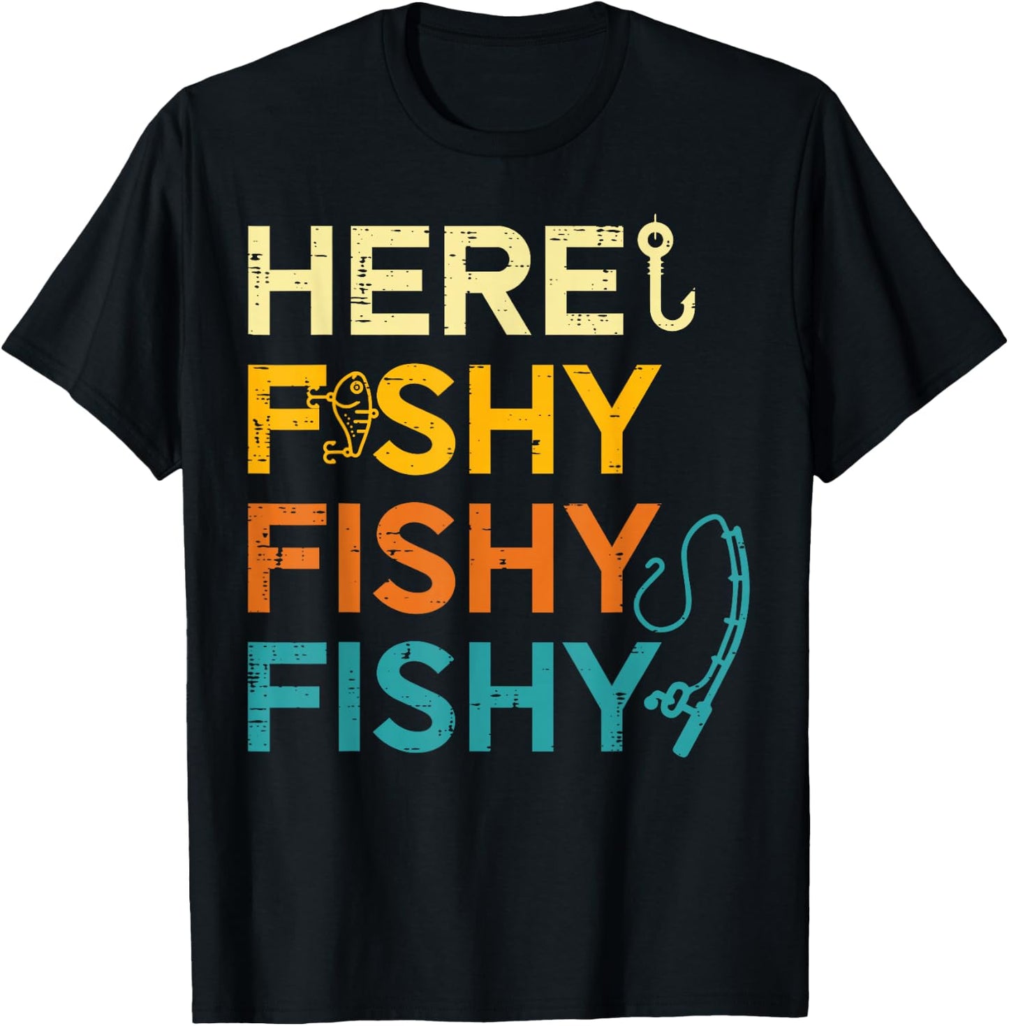 Fishing Here Fishy Retro Fish Lover Fisherman Men Women Kids T-Shirt - T-Shirt | Black