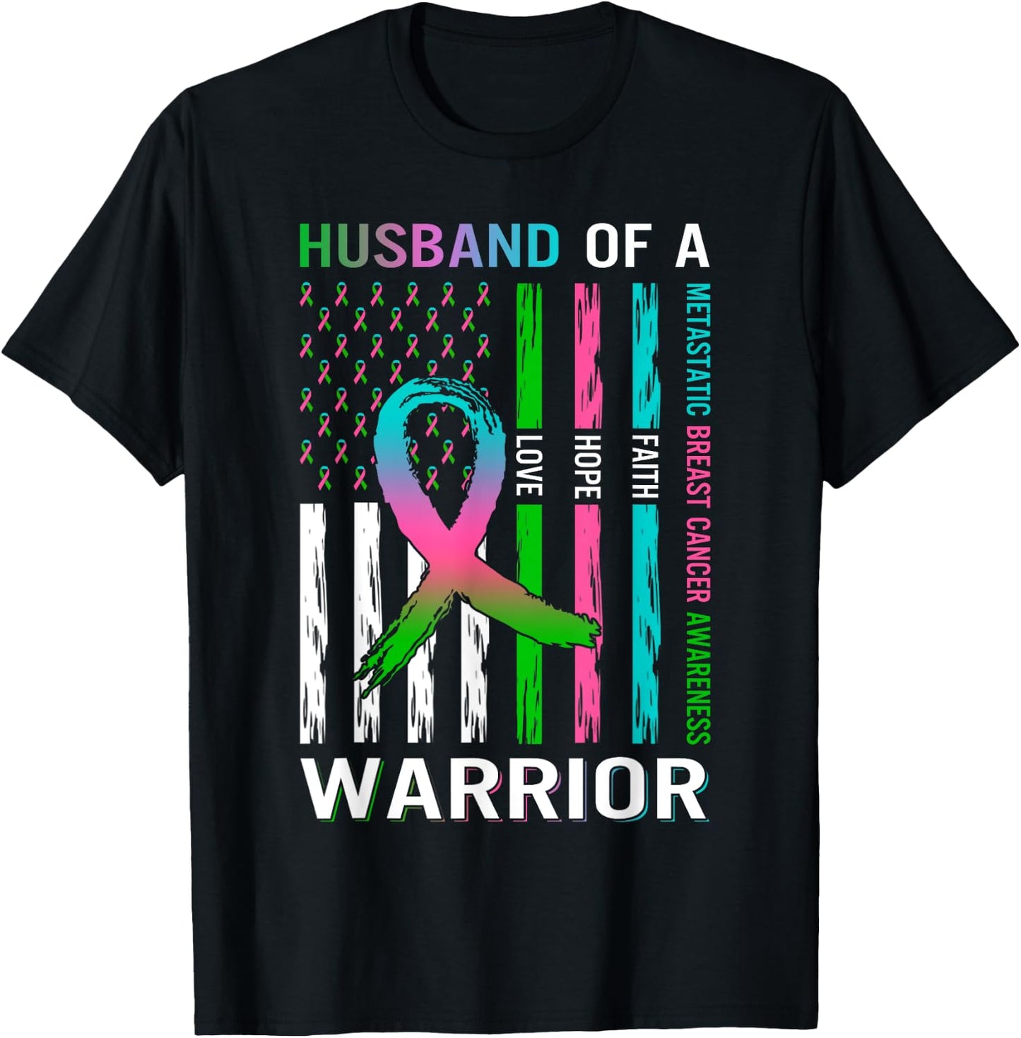 Flag Husband Of A Warrior Metastatic Breast Cancer Awareness T-Shirt - T-Shirt | Black