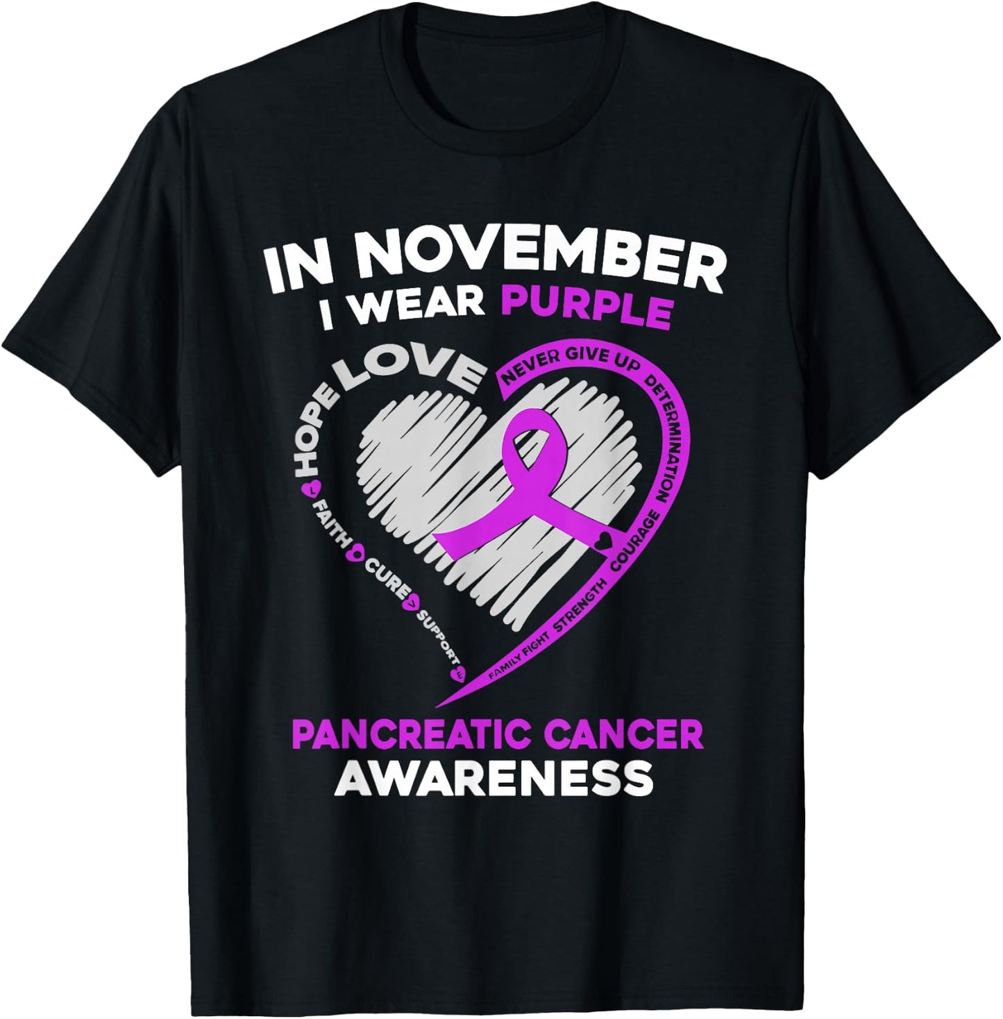 In November We Wear Purple Heart Pancreatic Cancer Awareness T-Shirt - T-Shirt | Black