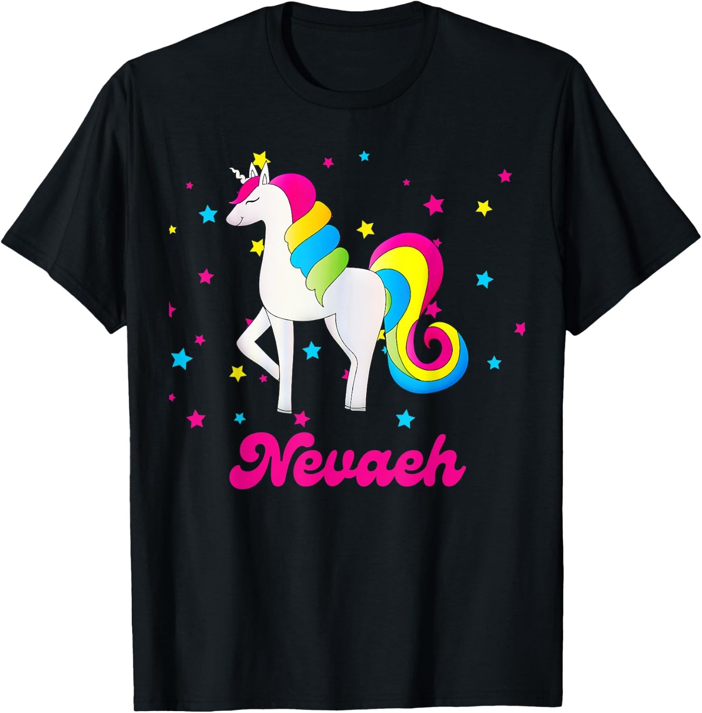 Cute Rainbow Unicorn Pink and Blue Personalized Nevaeh T-Shirt - T-Shirt | Black