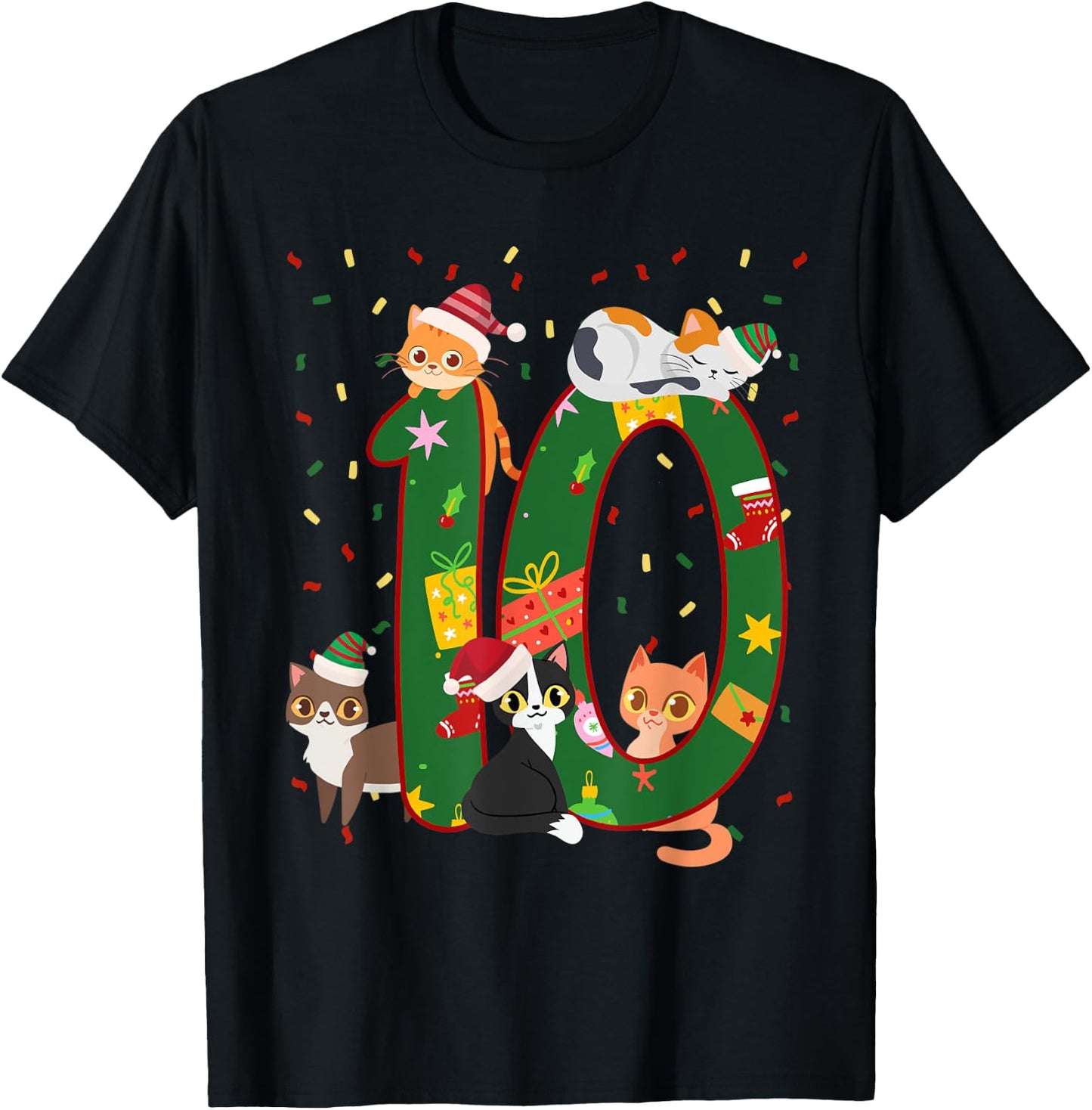 10 Years Old Kids Xmas Cute Cats 10th Birthday Christmas T-Shirt - T-Shirt | Black