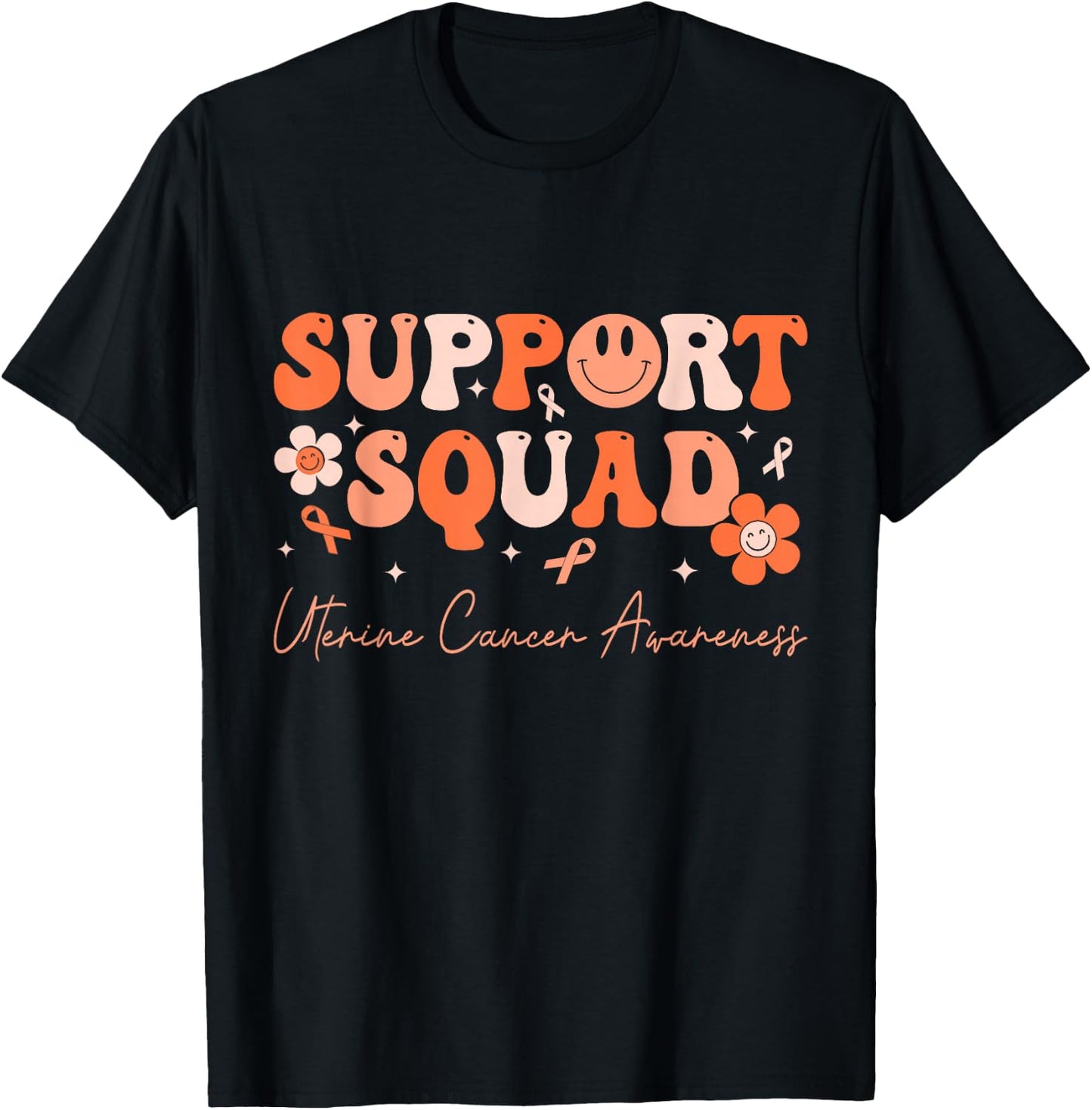 Groovy Support Squad Uterine Cancer Awareness Peach Ribbon T-Shirt - T-Shirt | Black