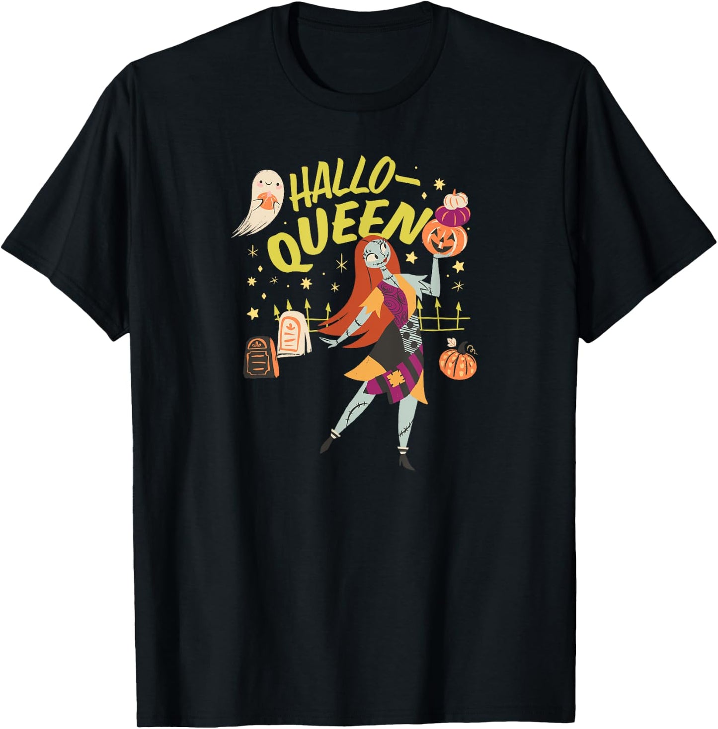 Amazon Essentials Men's Nightmare Before Christmas Halloween Sally Hallo-Queen , Black Graphic Print, Small T-Shirt - T-Shirt | Black