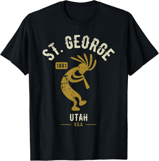St George Utah USA Dancing Kokopelli Distressed Design T-Shirt - T-Shirt | Black