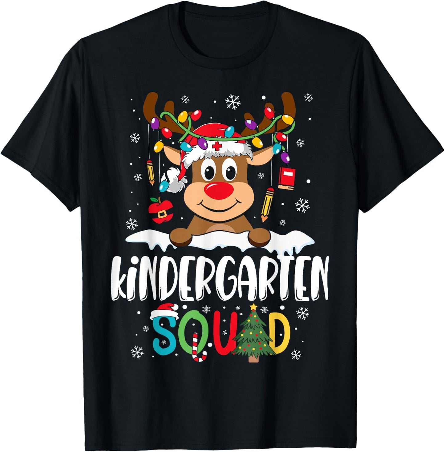 Kindergarten Teacher Squad Funny Reindeer Teacher Christmas T-Shirt - T-Shirt | Black