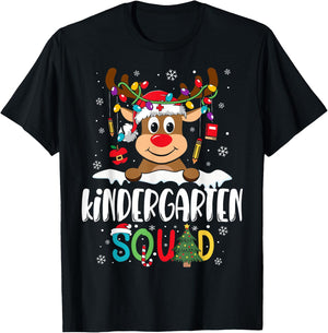 Kindergarten Teacher Squad Funny Reindeer Teacher Christmas T-Shirt - T-Shirt | Black