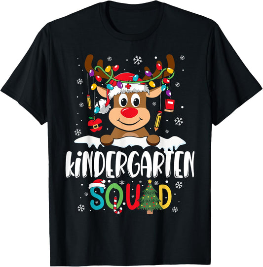 Kindergarten Teacher Squad Funny Reindeer Teacher Christmas T-Shirt - T-Shirt | Black