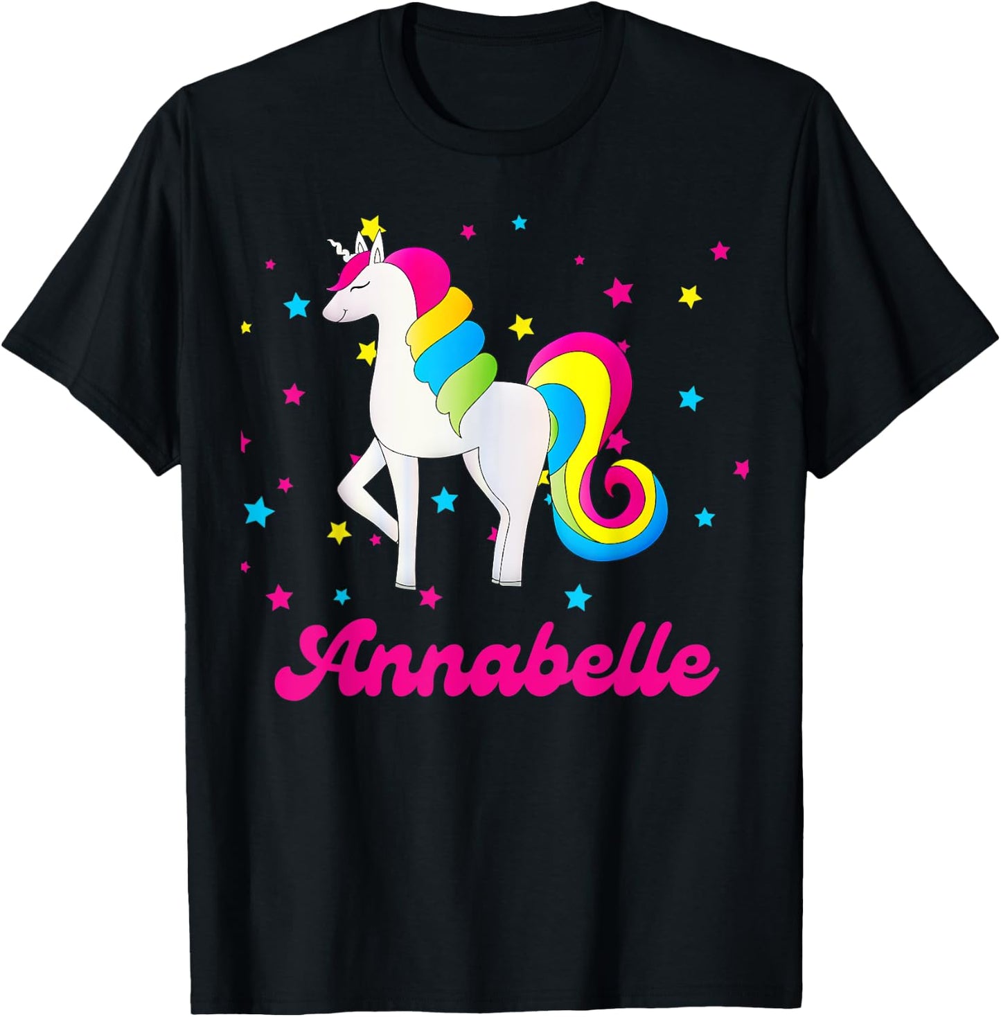 Cute Rainbow Unicorn Pink and Blue Personalized Annabelle T-Shirt - T-Shirt | Black