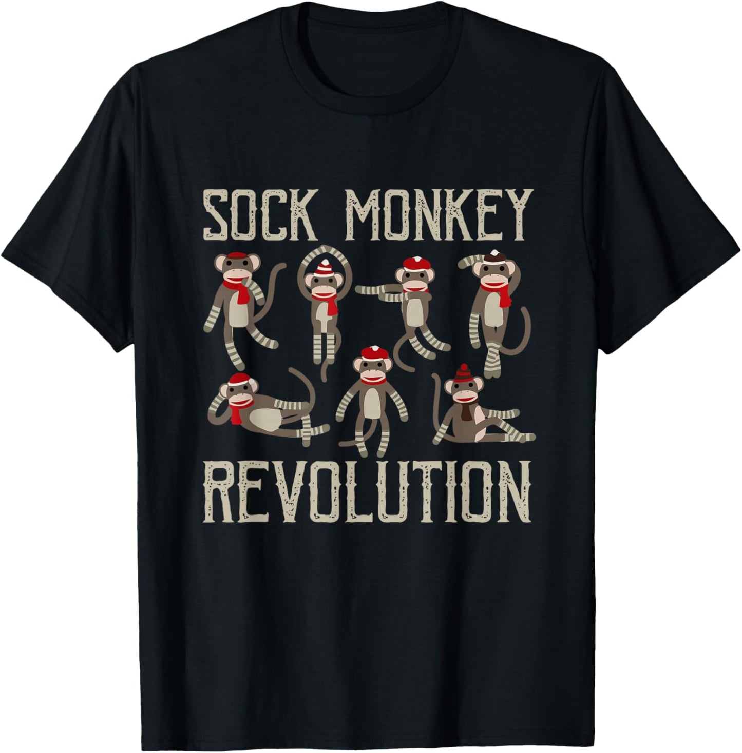 Sock Monkey Revolution Vintage Distressed Monkeys Santa Hat T-Shirt - T-Shirt | Black