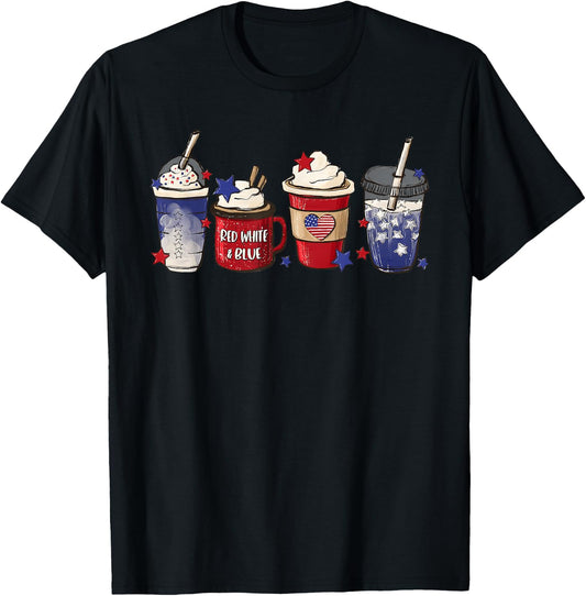 Red White Blue Latte Ice Coffee USA 4th Of July Patriotic Women Kids Men T-Shirt - T-Shirt | Black