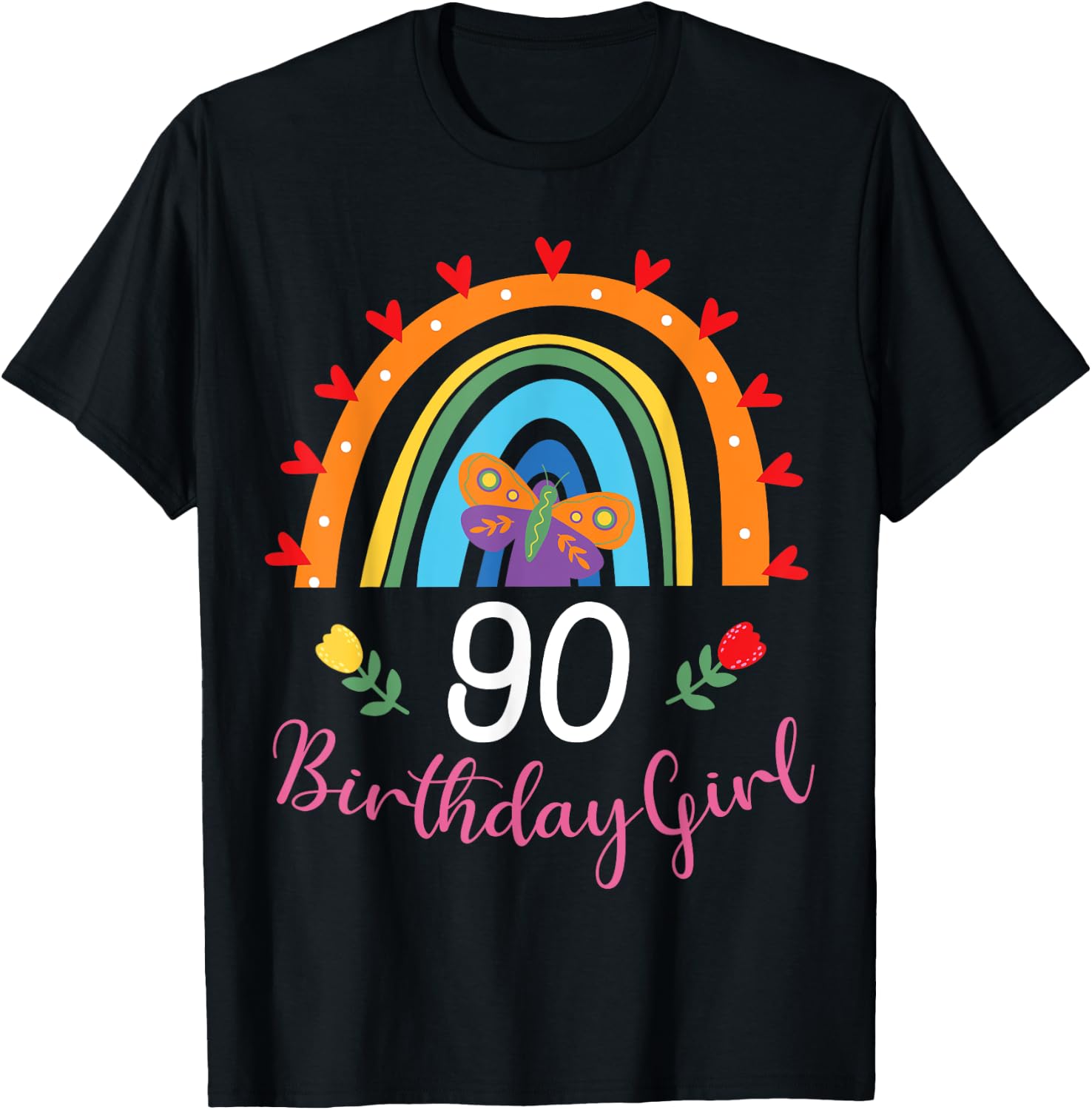 Cute Rainbow 90 Year Old Birthday Girl 90th B-Day Family T-Shirt - T-Shirt | Black