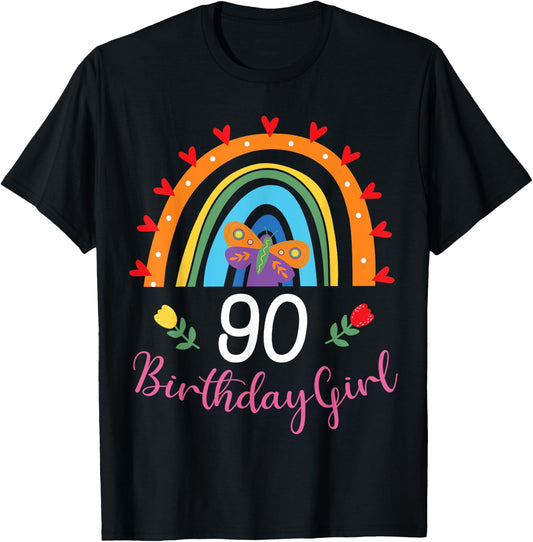 Cute Rainbow 90 Year Old Birthday Girl 90th B-Day Family T-Shirt - T-Shirt | Black