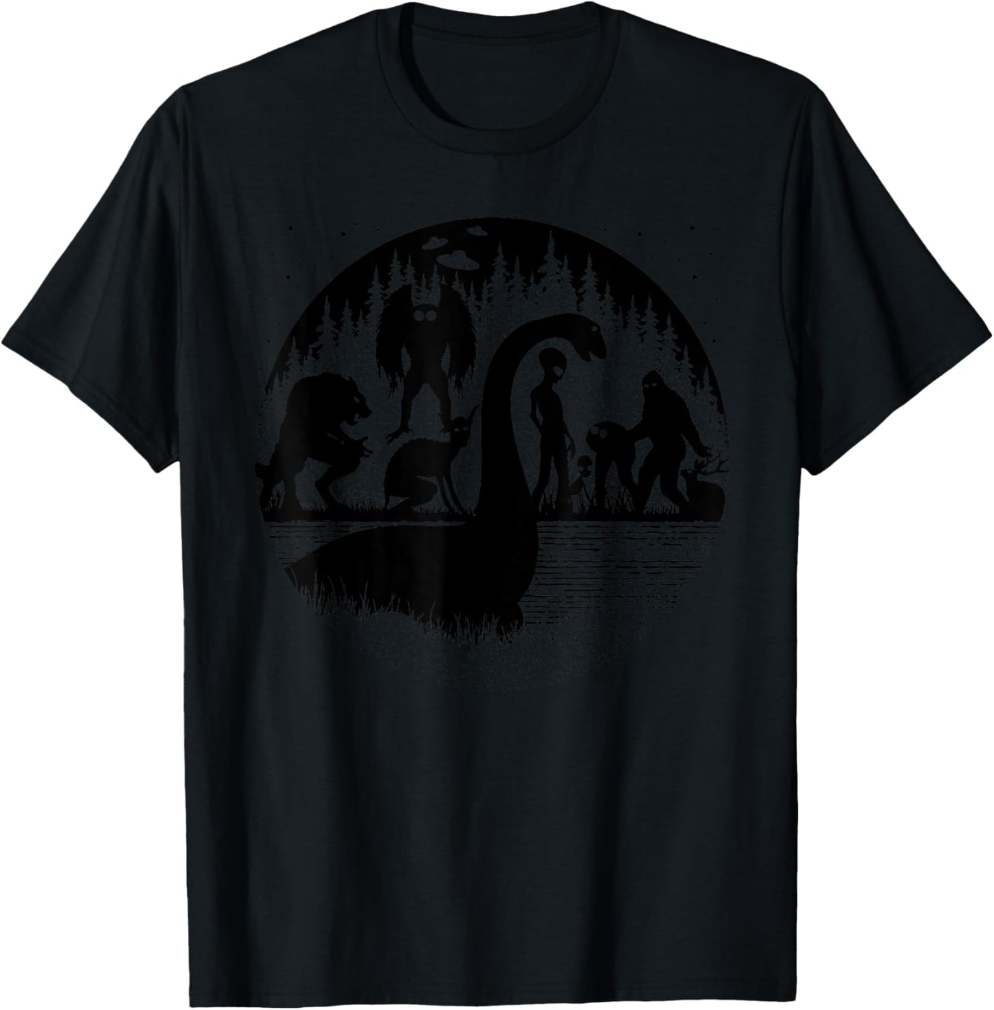Bigfoot Loch Ness Monster Mothman And Aliens! Funny Cryptid T-Shirt - T-Shirt | Black