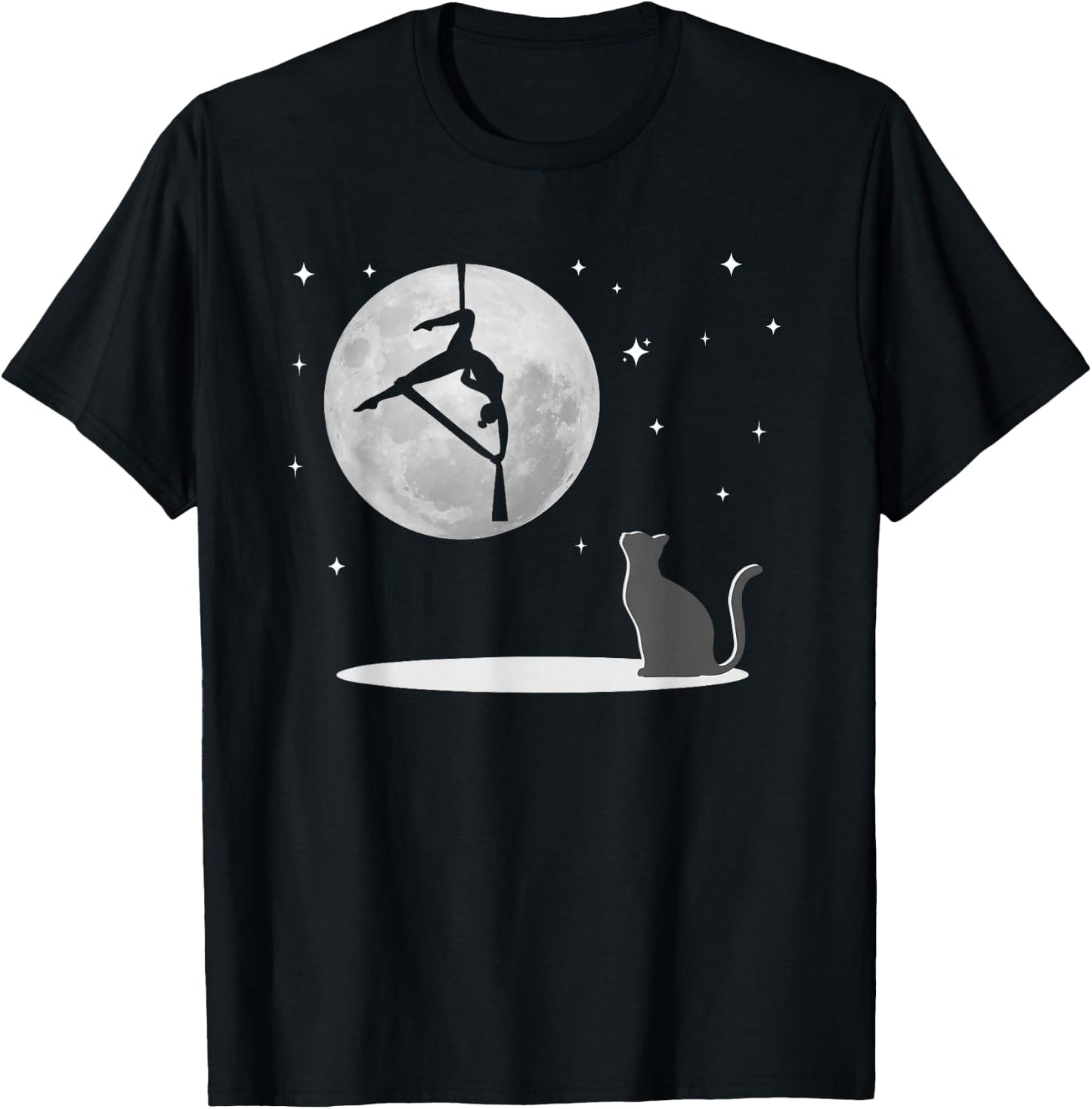 Fly Aerial Yoga Hammock Silks, Stars and Moon Cat, Cat Lover T-Shirt - T-Shirt | Black
