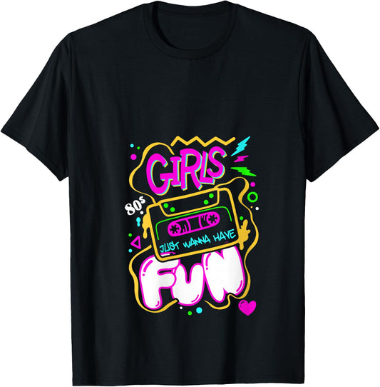 Girls Just Wanna Have Fun Nostalgia 1980s V-Neck T-Shirt - T-Shirt | Black