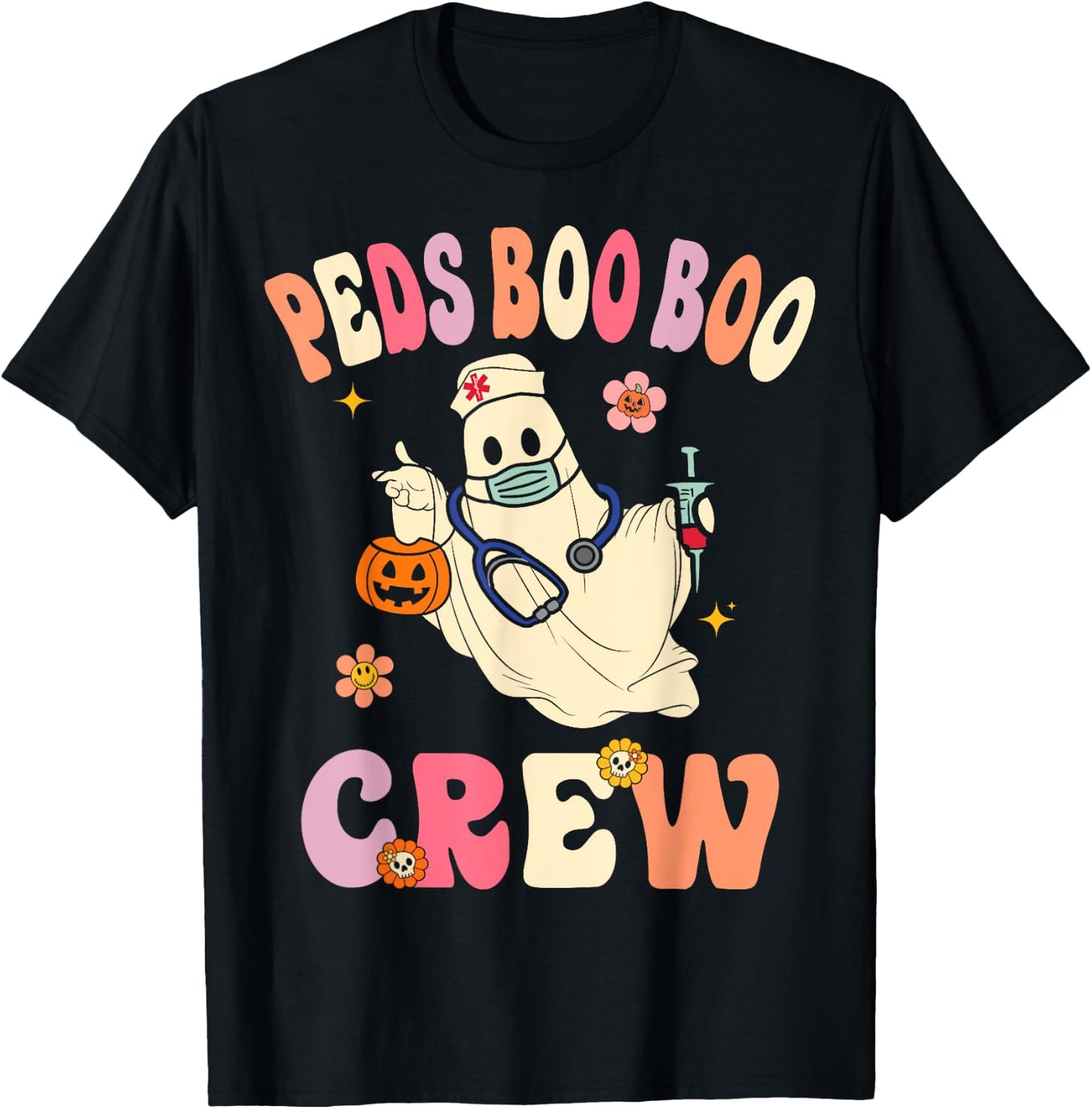 Peds Nurse Boo Crew Retro Halloween Pediatric Nurse T-Shirt - T-Shirt | Black