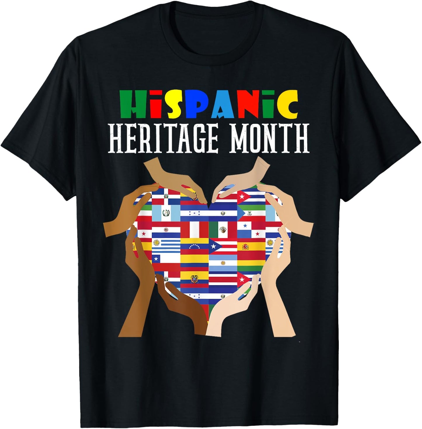 Hispanic Heritage Month All Countries Flag Heart Hands Women T-Shirt - T-Shirt | Black