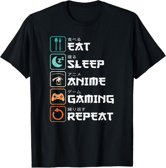 Eat Sleep Anime Gaming Repeat Manga Funny Gamer Men Boys T-Shirt - T-Shirt | Black