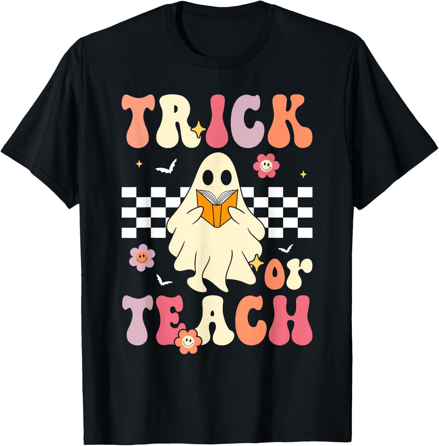 Groovy Teacher Halloween Retro Trick or Teach Floral Ghost T-Shirt - T-Shirt | Black