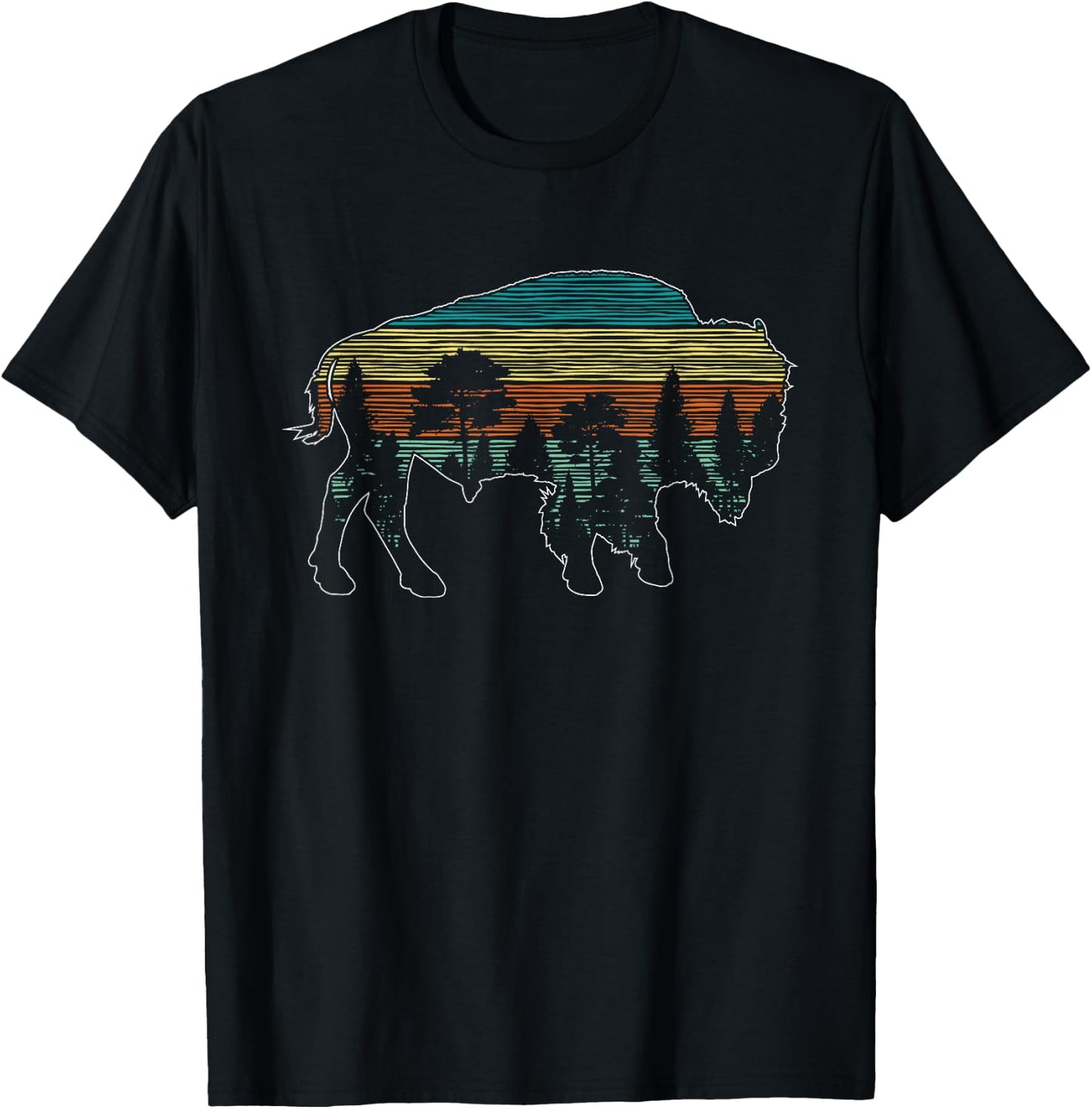 Vintage American Bison Buffalo Lover Wildlife Outdoor Trees T-Shirt - T-Shirt | Black
