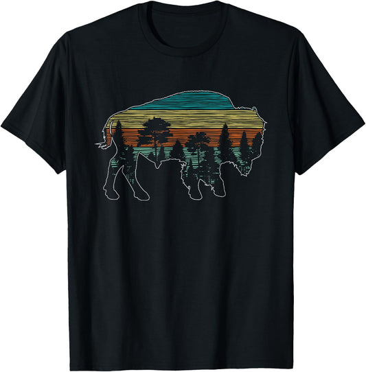 Vintage American Bison Buffalo Lover Wildlife Outdoor Trees T-Shirt - T-Shirt | Black
