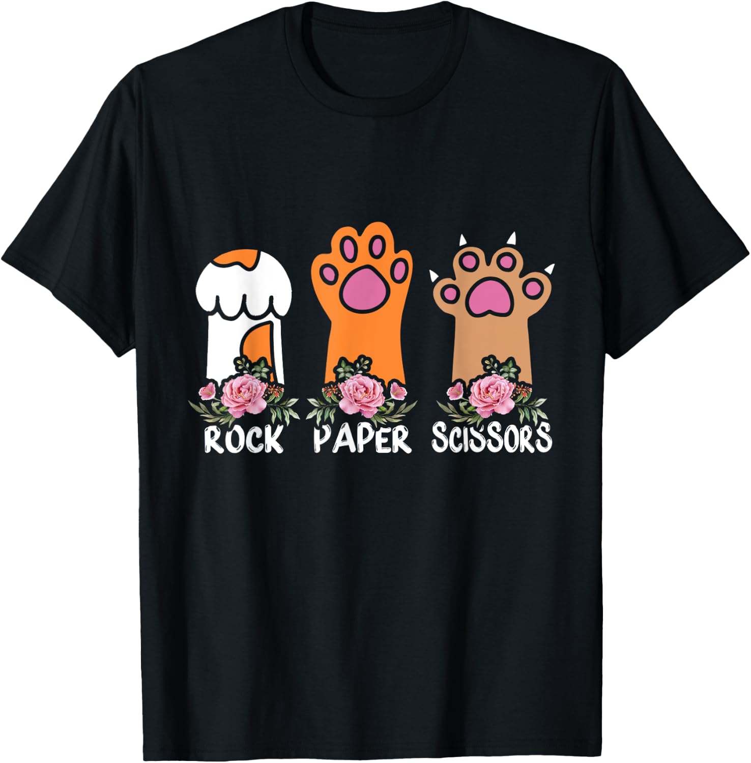 Rock Paper Scissors Hand Game Meme Animal Paw Flower Cat Men Women Kids T-Shirt - T-Shirt | Black