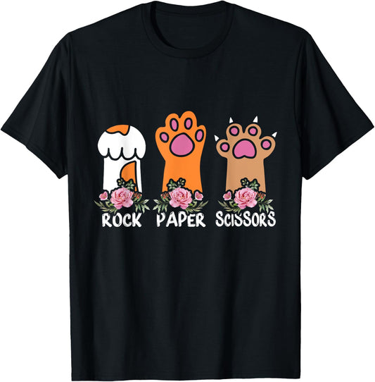 Rock Paper Scissors Hand Game Meme Animal Paw Flower Cat Men Women Kids T-Shirt - T-Shirt | Black