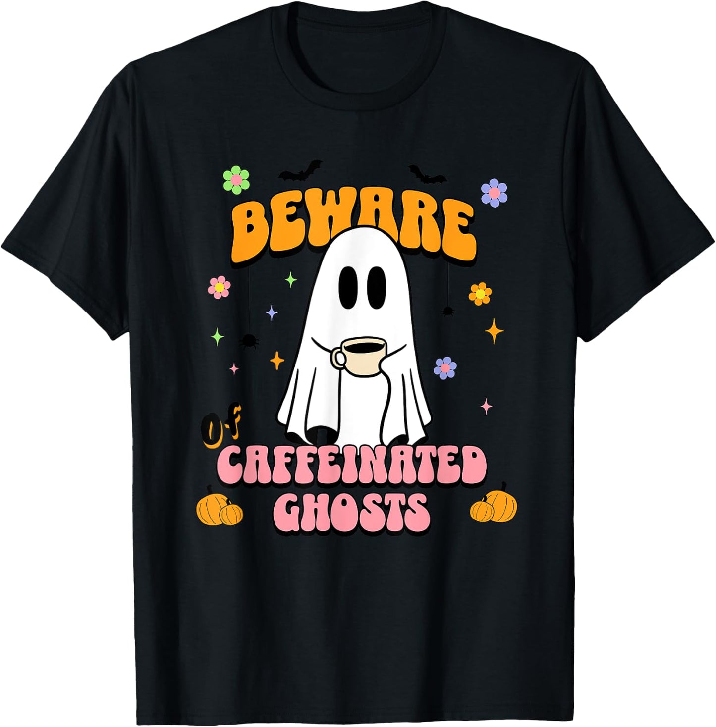 Cute Ghost Drinking Coffee Halloween Spooky Season Lover T-Shirt - T-Shirt | Black