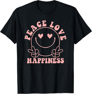 Peace Love Happiness Pink Smile Face Heart Eyes Happy Face T-Shirt - T-Shirt | Black
