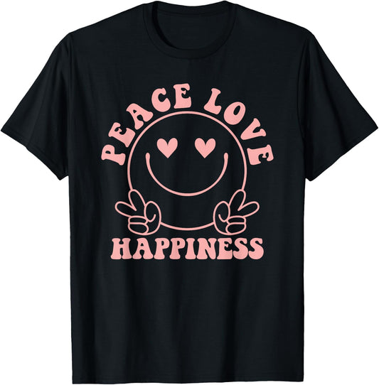 Peace Love Happiness Pink Smile Face Heart Eyes Happy Face T-Shirt - T-Shirt | Black