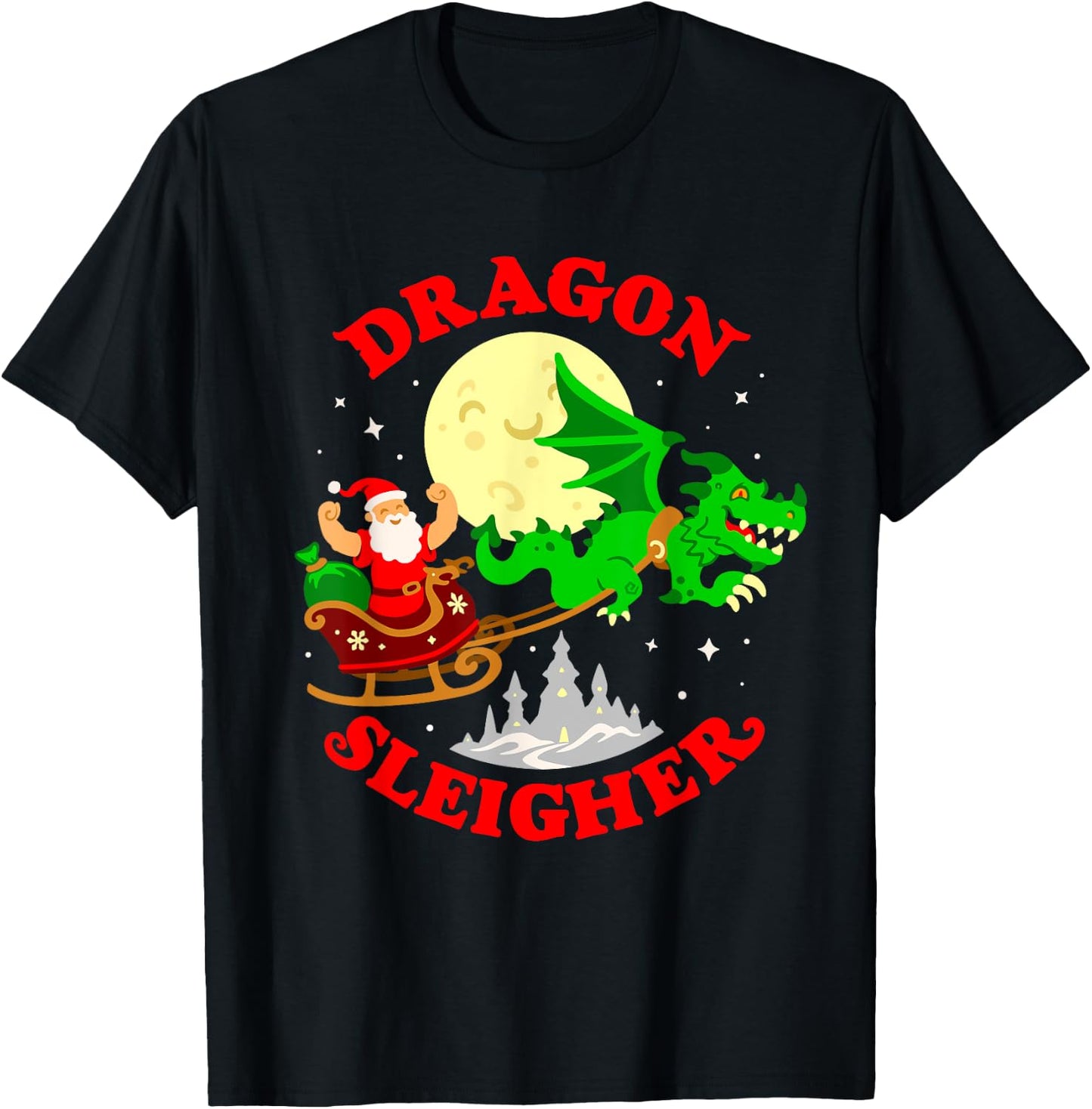 Dragon Sleigher Funny Cute Fantasy Dragon Santa Christmas T-Shirt - T-Shirt | Black