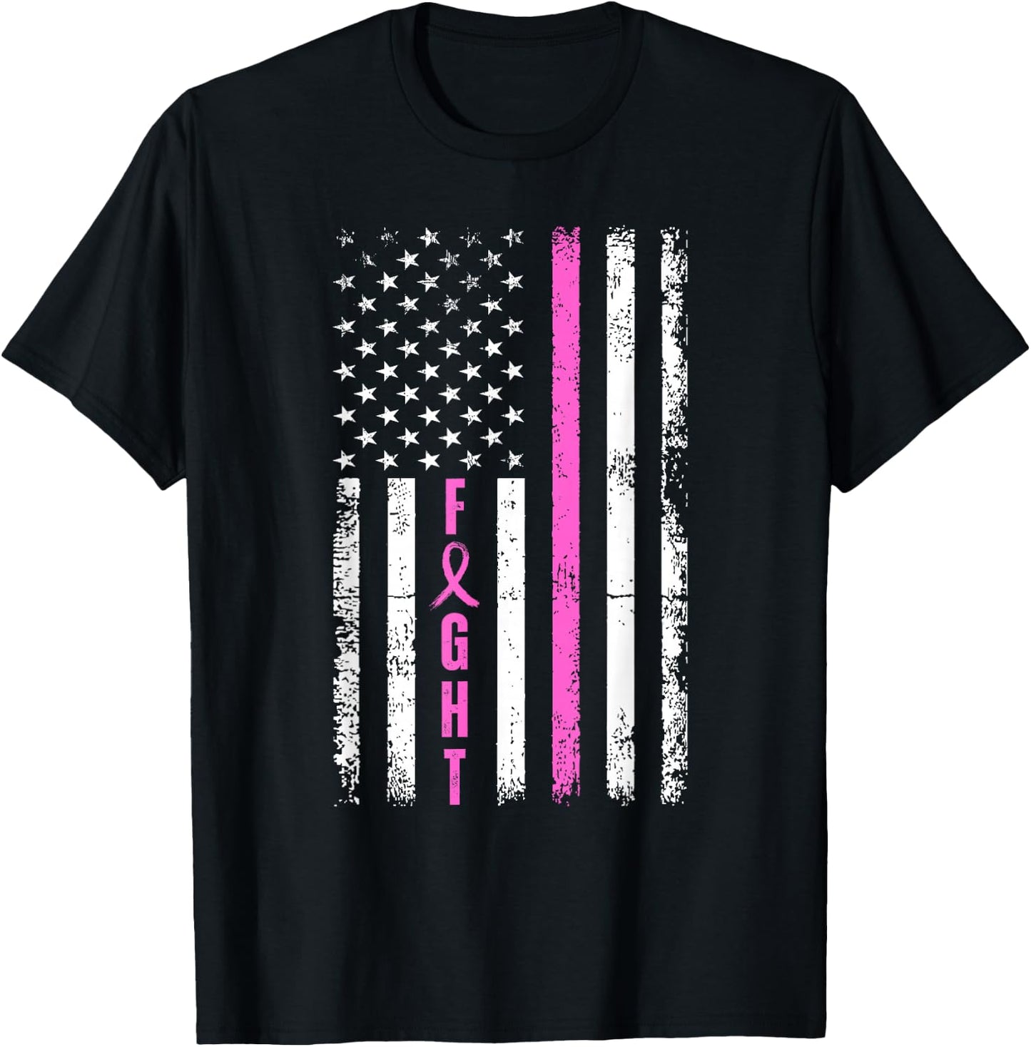 Fight Breast Survivor American Flag Breast Cancer Awareness T-Shirt - T-Shirt | Black
