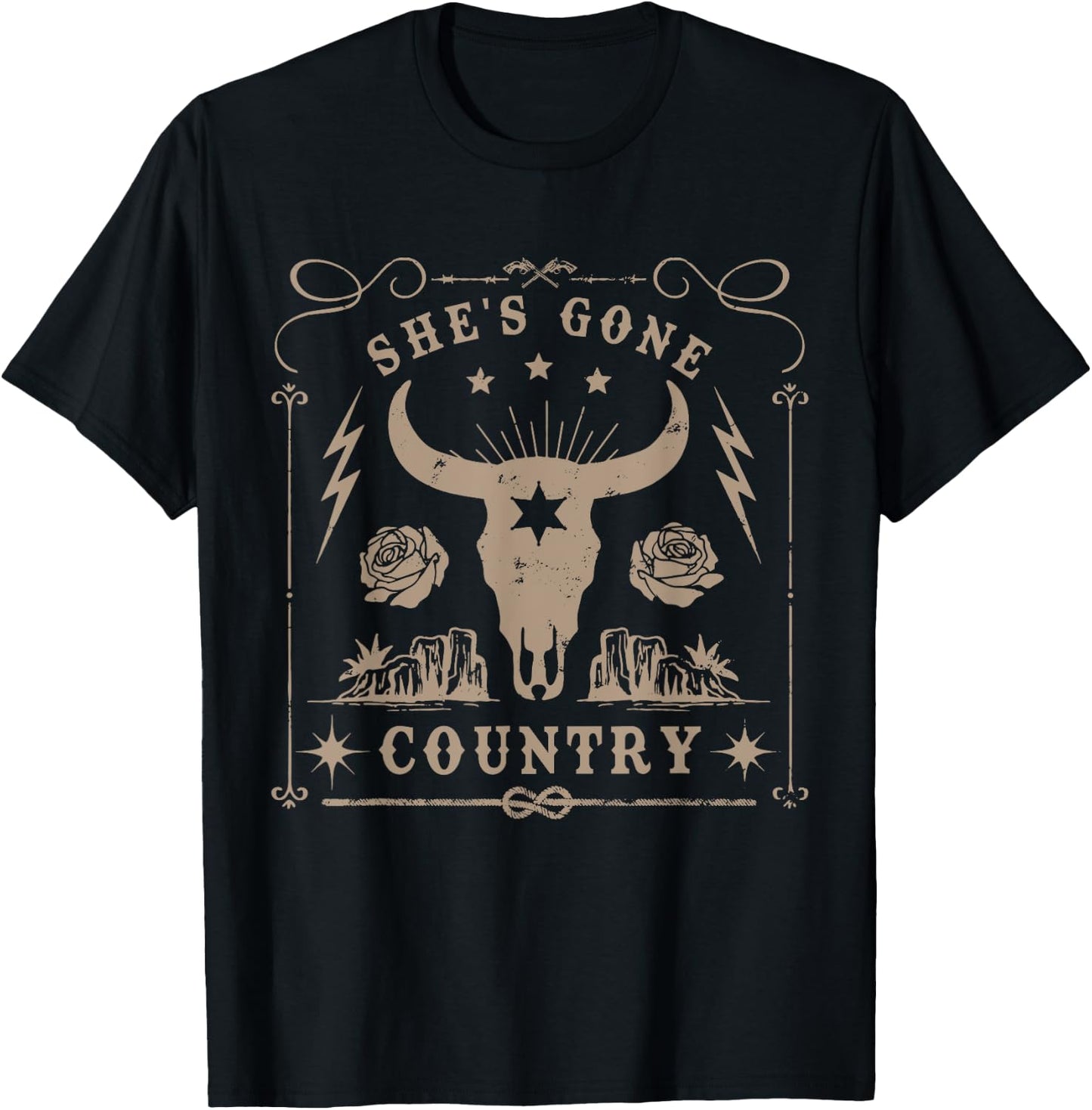 She's Gone Country Music Howdy Rodeo Bull Skull Western T-Shirt - T-Shirt | Black