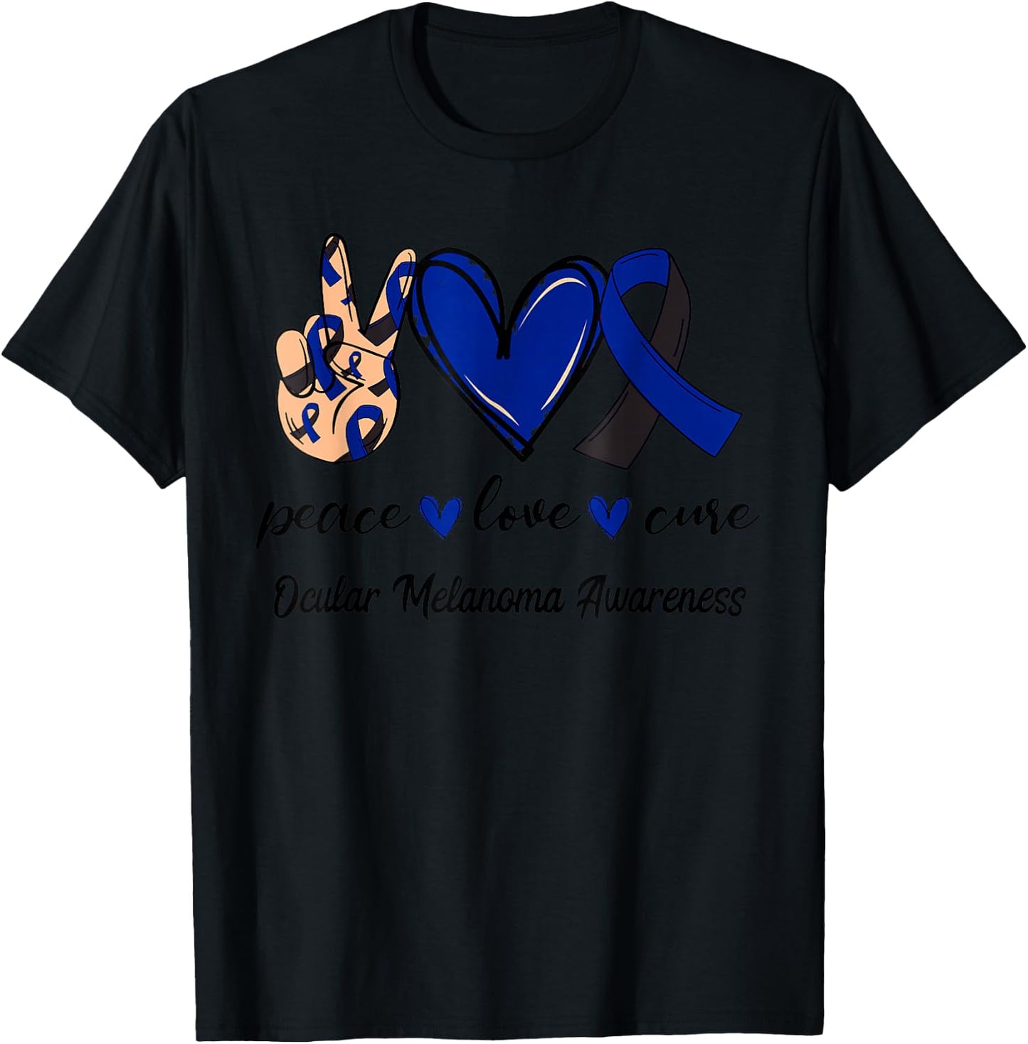 Peace Love Cure Ocular Melanoma Black Navy Ribbon Awareness T-Shirt - T-Shirt | Black